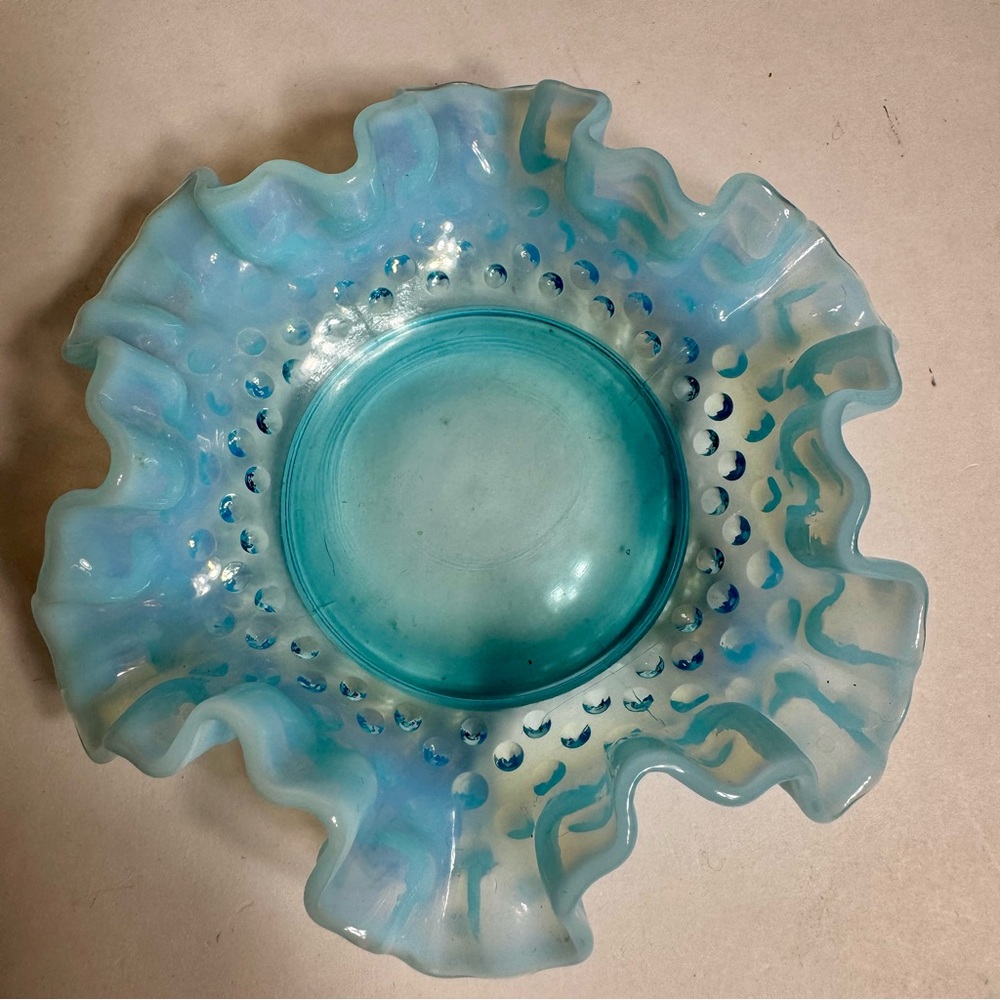 Vintage Fenton Opalescent Blue Hobnail  Candy Dish Double Ruffle Art Glass.